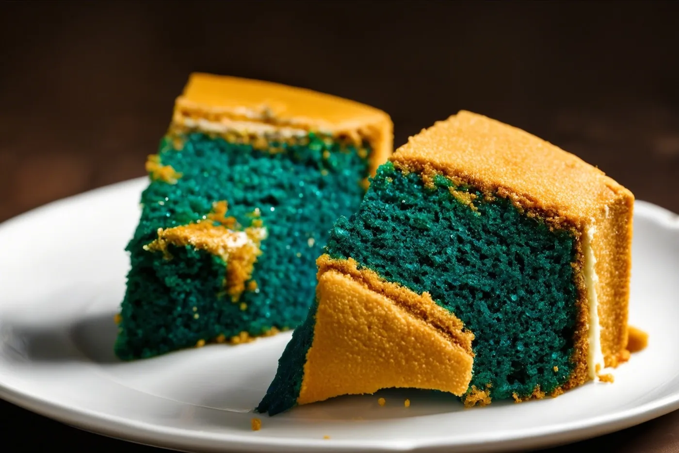 Twee stukken laagjestaart met blauwgroene en goudgele cake en witte room liggen op een wit bord tegen een donkerbruine achtergrond.