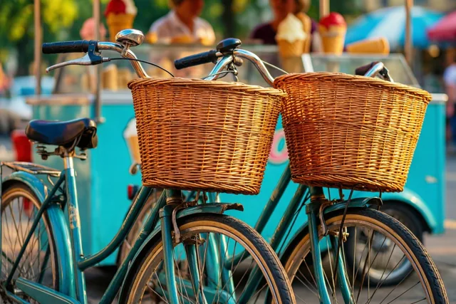 Twee oude blauwgroene fietsen met rieten manden staan naast elkaar voor een turquoise ijskar in warm, goudkleurig zonlicht.