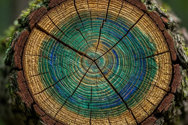 Een doorsnede van een oude eikenstam toont jaarringen in opvallende blauwgroene en blauwe tinten, met mos op de schors.