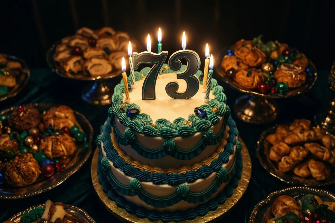 Een taart met verdiepingen en blauwgroen en goudkleurig glazuur draagt grote cijferkaarsen 73 en staat tussen feestelijk gebak tegen een donkere achtergrond.