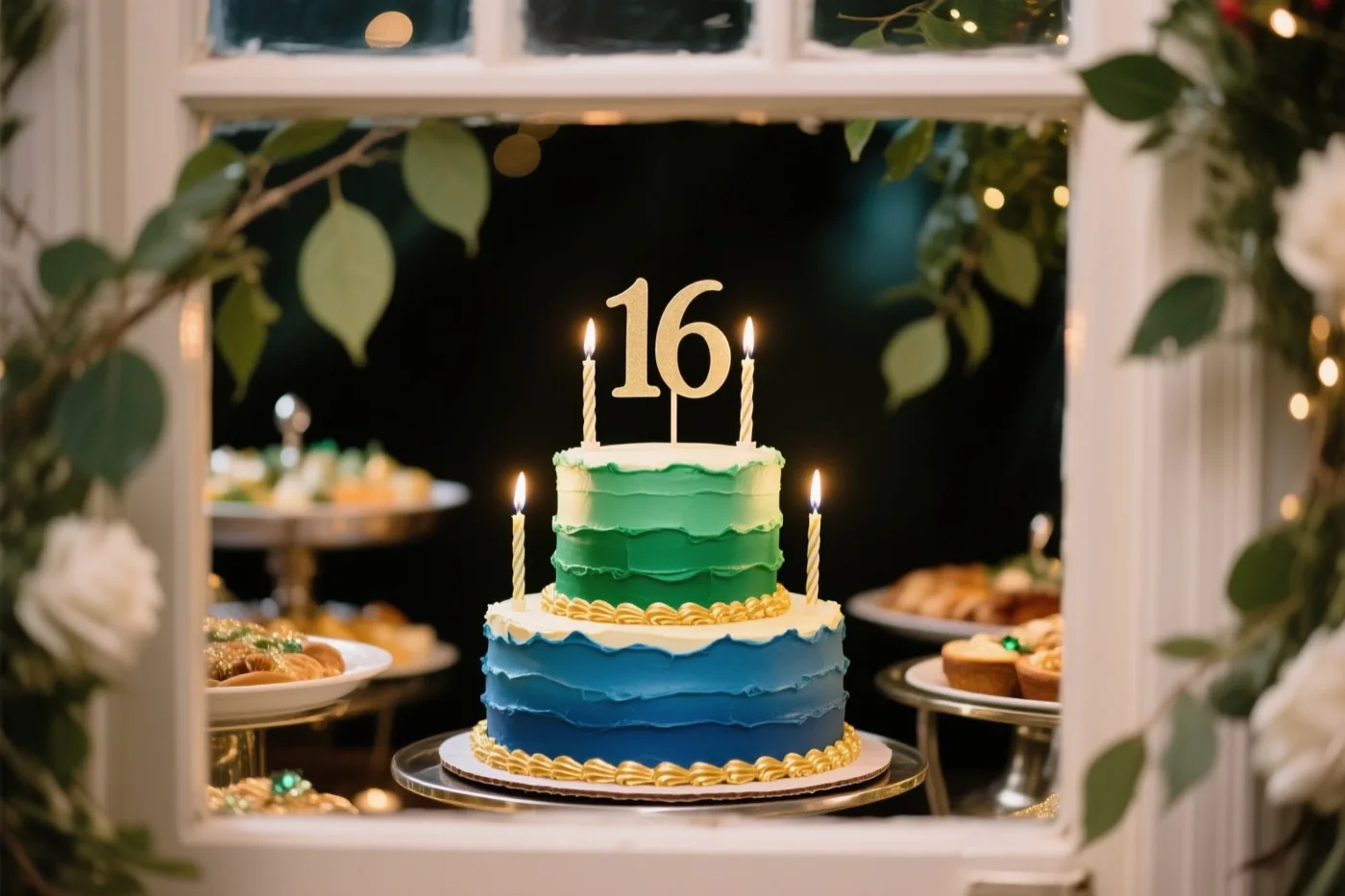 Een taart met groen en blauw glazuur, gouden sierranden, een papieren 16 en vier brandende kaarsjes staat op een buffet binnen een wit raamachtig kader met groen en witte bloemen.