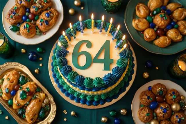 Een stapeltaart met groen en blauw glazuur, brandende kaarsjes en een papieren 64 staat tussen met sierstenen versierde gebakjes en kaarsen op een donkergroen tafellaken met decoratieve bolletjes.