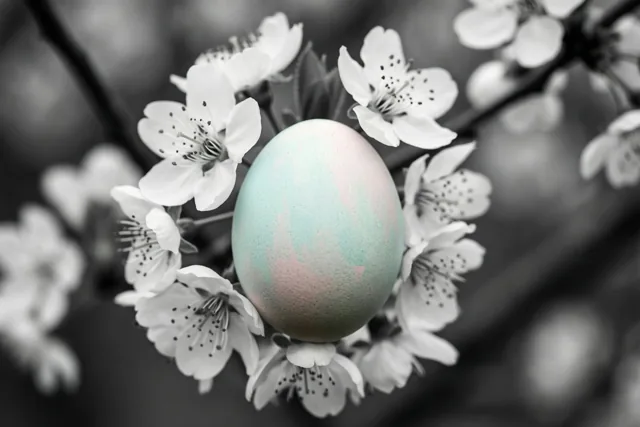 Een ei in zachte blauwe en roze tinten ligt tussen witte bloesems, terwijl de rest van de foto in zwart-wit is weergegeven.