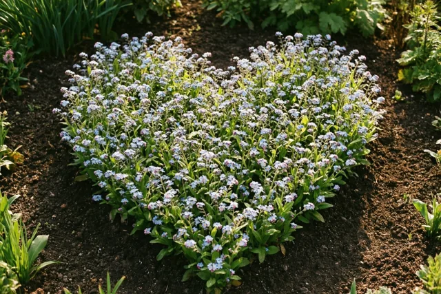 Kleine blauwe en witte vergeet-mij-nietjes staan dicht bijeen in hartvorm in een zonnig tuinperk met donkere aarde en groen blad.