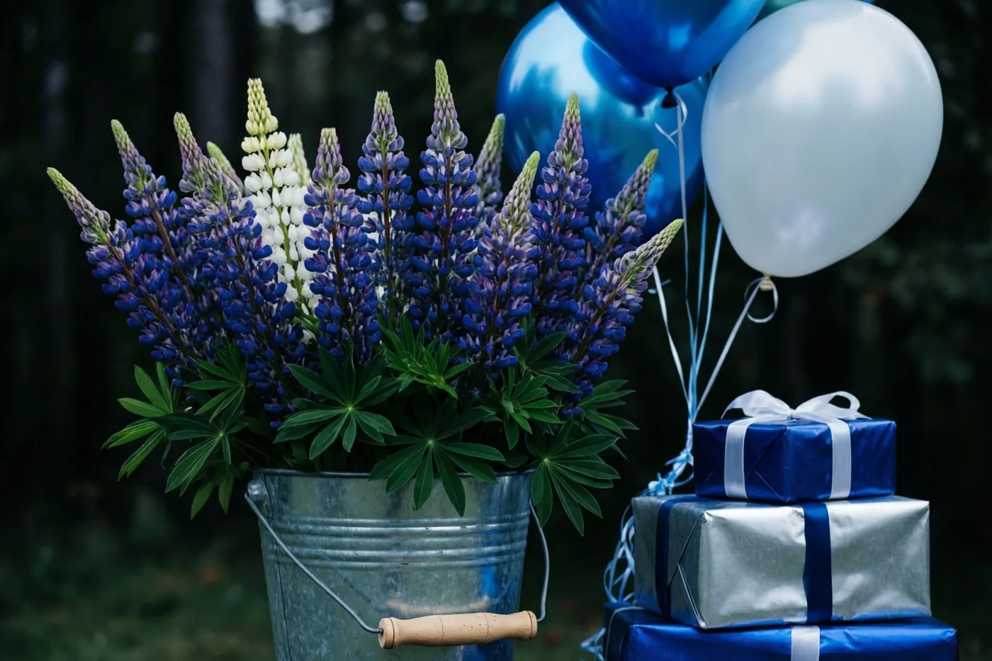 Hoge blauwe en witte lupinen staan buiten in een gegalvaniseerde zinken emmer met ballonnen aan het hengsel en gestapelde cadeaus ernaast tegen een donkere onscherpe achtergrond.