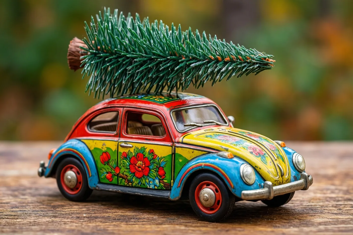 Een kleurrijk blikken speelgoedautootje in vintagestijl met beschilderde bloemen en een dennenboompje op het dak staat op een houten ondergrond voor een onscherpe herfstachtergrond.