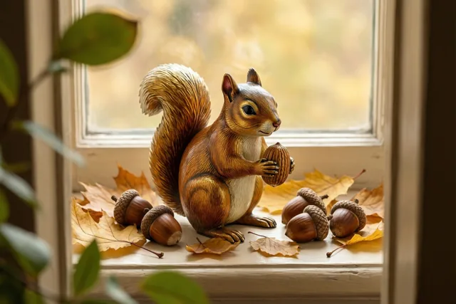Een oud blikken speelgoedfiguurtje van een eekhoorn houdt een eikel vast op een vensterbank tussen gevallen bladeren en eikels in warm herfstlicht.