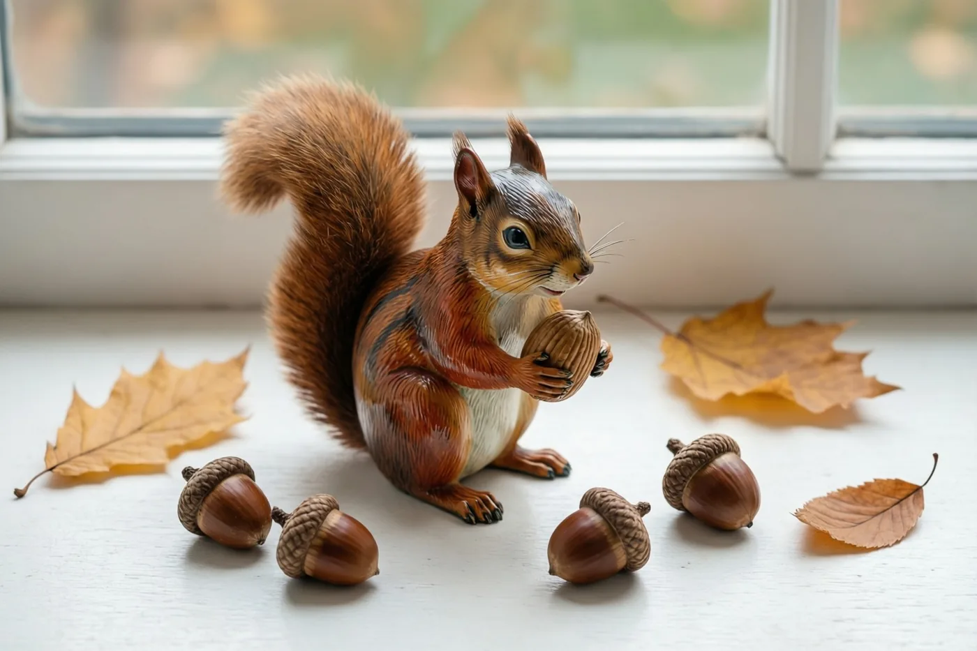 Een oud blikken speelgoedfiguurtje van een eekhoorn houdt een eikel vast op een vensterbank met verspreide eikels en herfstbladeren in zacht daglicht.