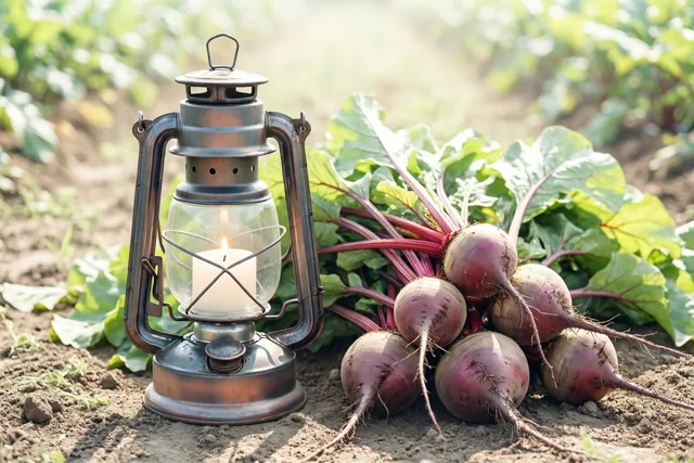 Een oude blikken lantaarn met een brandende kaars staat naast een hoop pas geoogste suikerbieten op de aarde van een zonnig veld in zachte aardetinten.