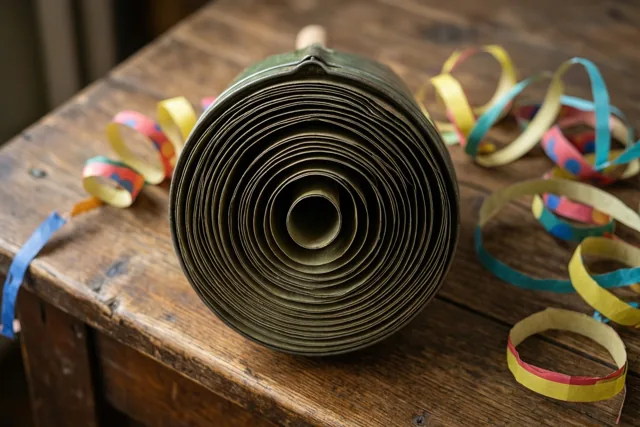 Een oude blikken lawaaimaker met een spiraalpatroon staat op een verweerde houten tafel tussen gele, blauwe en rode papieren slingers.