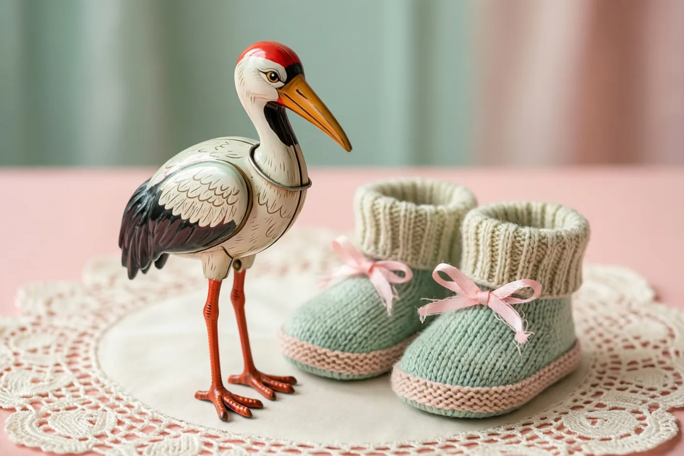 Een blikken opwindooievaar staat naast gebreide babyslofjes op een kanten kleedje, op een zachtroze ondergrond met een onscherpe pastelachtergrond.