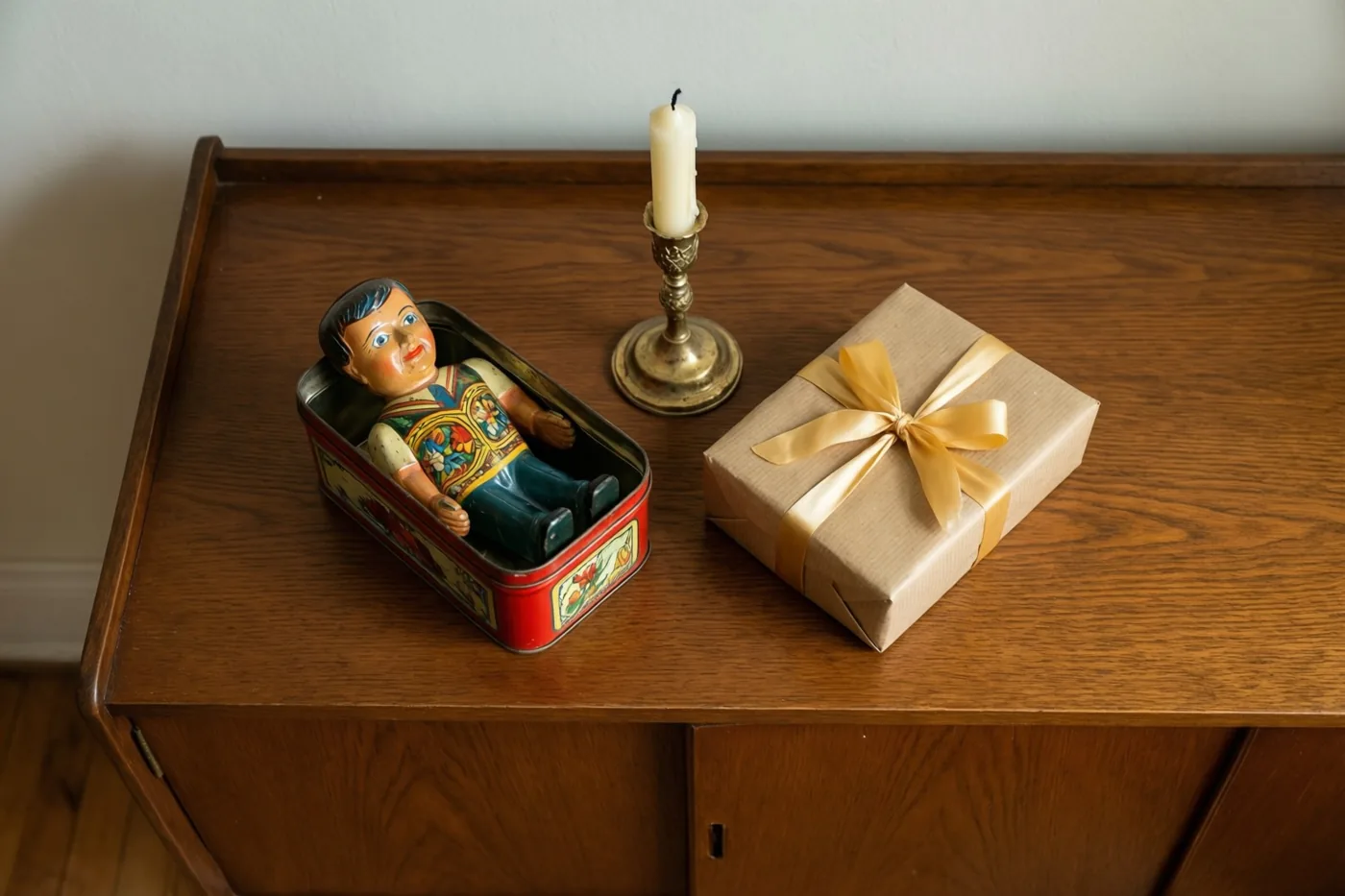 Een oud blikken speelgoedpopje ligt in een rood blikken doosje naast een ingepakt geschenk en een witte communiekaars op een houten dressoir.