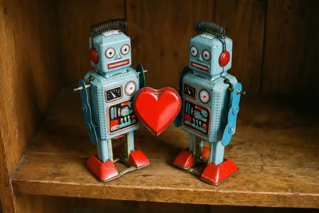 Twee blikken speelgoedrobots in lichtblauw en rood staan tegenover elkaar op een houten plank en houden samen een rood blikken hart vast.