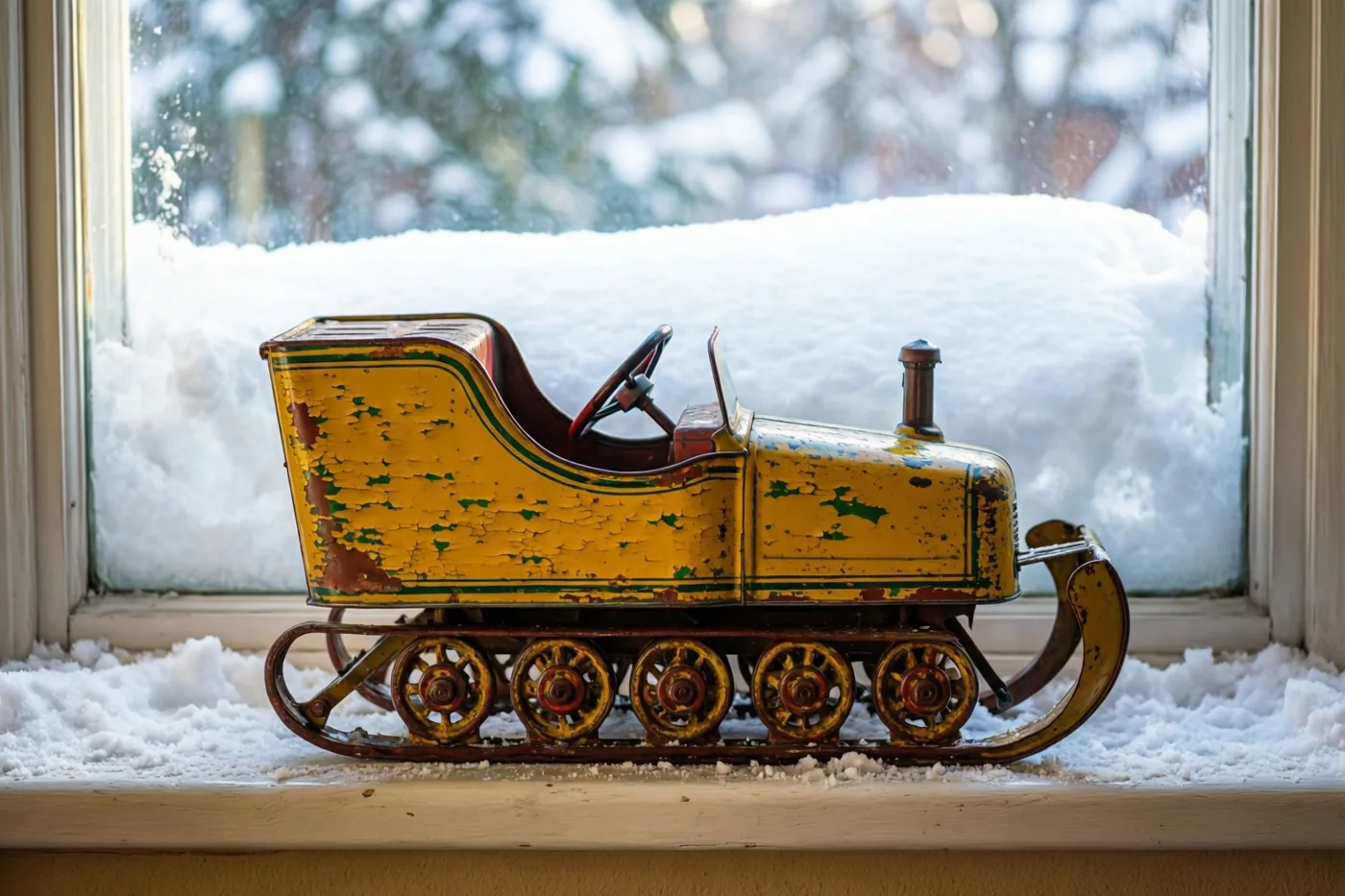 Een oude blikken speelgoedsneeuwruimer met afgebladderde gele verf staat op een met echte sneeuw bedekte vensterbank, met een besneeuwd landschap achter het raam.