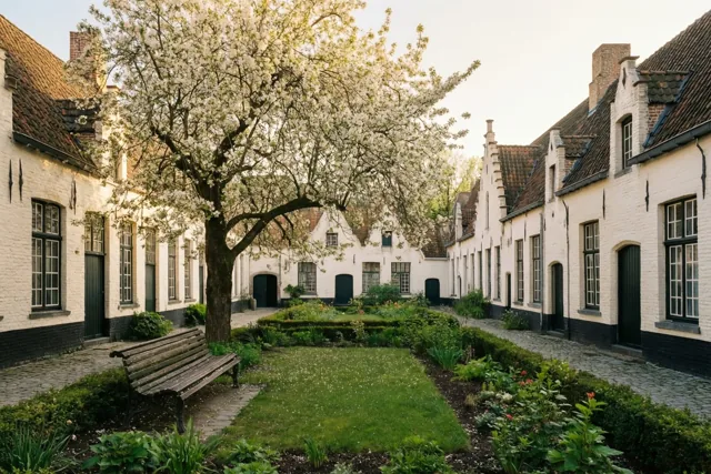 Een houten bank staat onder een grote bloeiende boom in een binnentuin, omringd door witte gebouwen met donkere daken en ramen onder een lichte hemel.