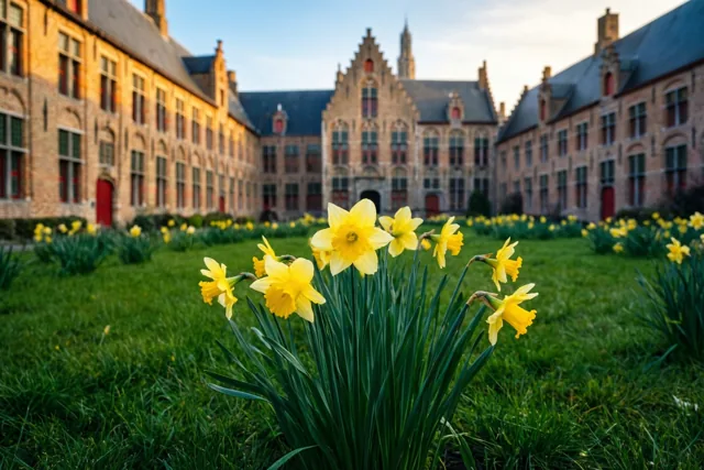 Narcissen bloeien in het groene gras op de binnenplaats van een oud Vlaams begijnhof in warm goudkleurig licht.