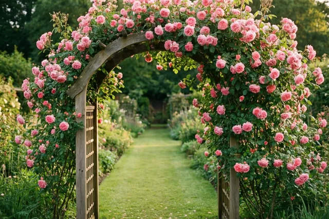 Roze klimrozen bedekken een houten tuinboog boven een graspad naar een weelderige groene tuin in zacht daglicht.