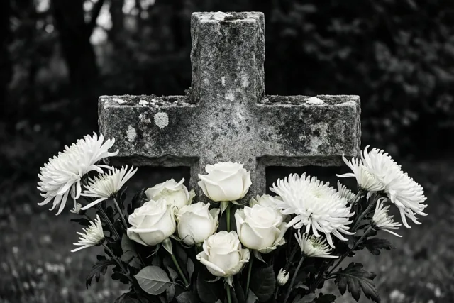 Bloemen bij een verweerd kruis