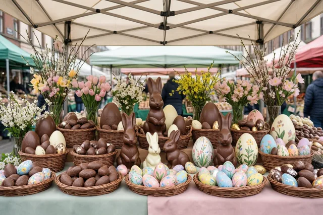 Een overdekt kraam op een drukke buitenmarkt toont manden met chocolade-eieren, chocoladehazen en beschilderde eieren, omringd door lentebloemen en pastelkleurige tafelkleden.