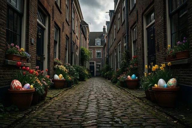 Een smal kasseisteegje met bakstenen huizen heeft bij elke voordeur bloempotten met kleurrijke paaseieren en bloeiende bloemen onder een bewolkte hemel.