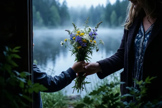 Een kleine kinderhand reikt een boeket wilde bloemen naar een volwassen hand bij een mistig meer in koele blauwe en groene tinten.