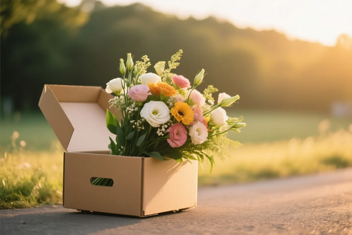 Een boeket verse bloemen staat in een kartonnen verhuisdoos op een verharde ondergrond buiten, in warm goudkleurig zonlicht tegen een onscherpe natuurlijke achtergrond.