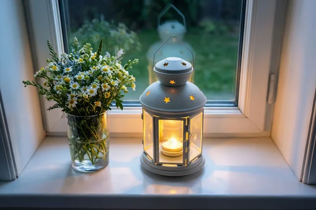Een glazen vaas met witte en gele bloemen staat 's nachts naast een lichtgevende sterlantaarn op een vensterbank.