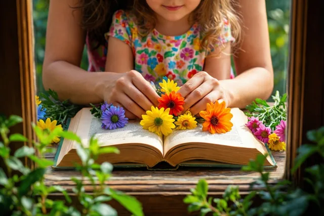 Door een houten raam zijn de handen van een moeder en kind te zien die kleurrijke bloemen tussen de bladzijden van een open boek persen, met zonnig groen rondom.