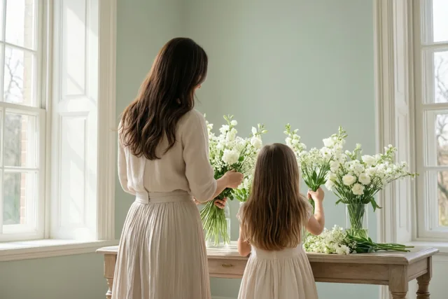 Een moeder en dochter schikken, van achteren gezien, witte bloemen op een houten tafel in een zonnige kamer met grote ramen en zachte witte, beige en lichtgroene tinten.