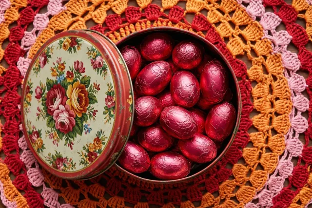 Een open oud bloemenblik vol chocolade-eitjes in glanzende rode folie staat op een kleurrijk gehaakt tafelkleed, in rode, oranje en roze tinten.
