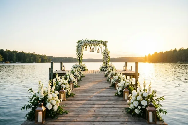 Een houten steiger loopt over een rustig meer naar een boog met witte bloemen en hangende lantaarns bij een gouden zonsondergang.