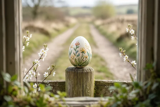 Door een raam is een handbeschilderd paasei met bloemmotieven op een verweerde houten weidepaal te zien, met een wazig heidepad erachter en witte bloesems vooraan.