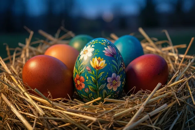 Kleurrijke paaseieren, waaronder een ei met een fijn geschilderd bloemenpatroon, liggen in een nest van stro tegen een wazige blauwe achtergrond.