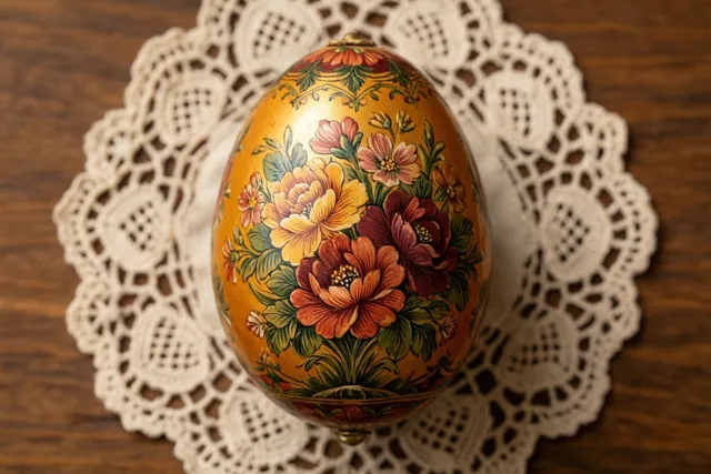 Een handbeschilderde paaseivormige doos van papier-maché met bloemen ligt op een wit kanten kleedje op donker hout, in warm licht.