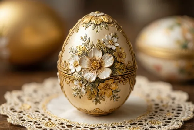 Een sierlijke paaseivormige doos van papier-maché met bloemversieringen staat op een kanten kleedje, in warm licht tegen een onscherpe achtergrond.