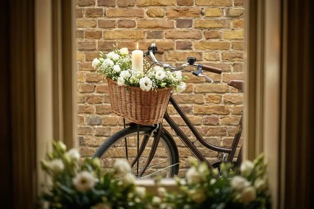 Door een raam met een houten kozijn is een oude fiets te zien die tegen een bakstenen muur leunt, met witte bloemen en een brandende communiekaars in de rieten mand.