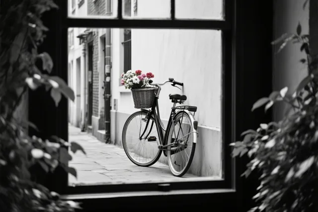 Door een raamkozijn met gebladerte aan beide kanten is een fiets met bloemenmand tegen een muur in een smalle straat te zien, waarbij alleen de bloemen in kleur zijn.