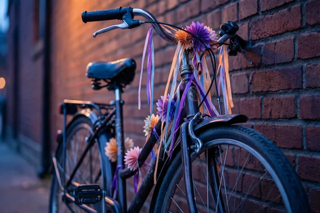 Een fiets met kleurrijke papieren bloemen en linten leunt tegen een rode bakstenen muur in warm gouden licht.