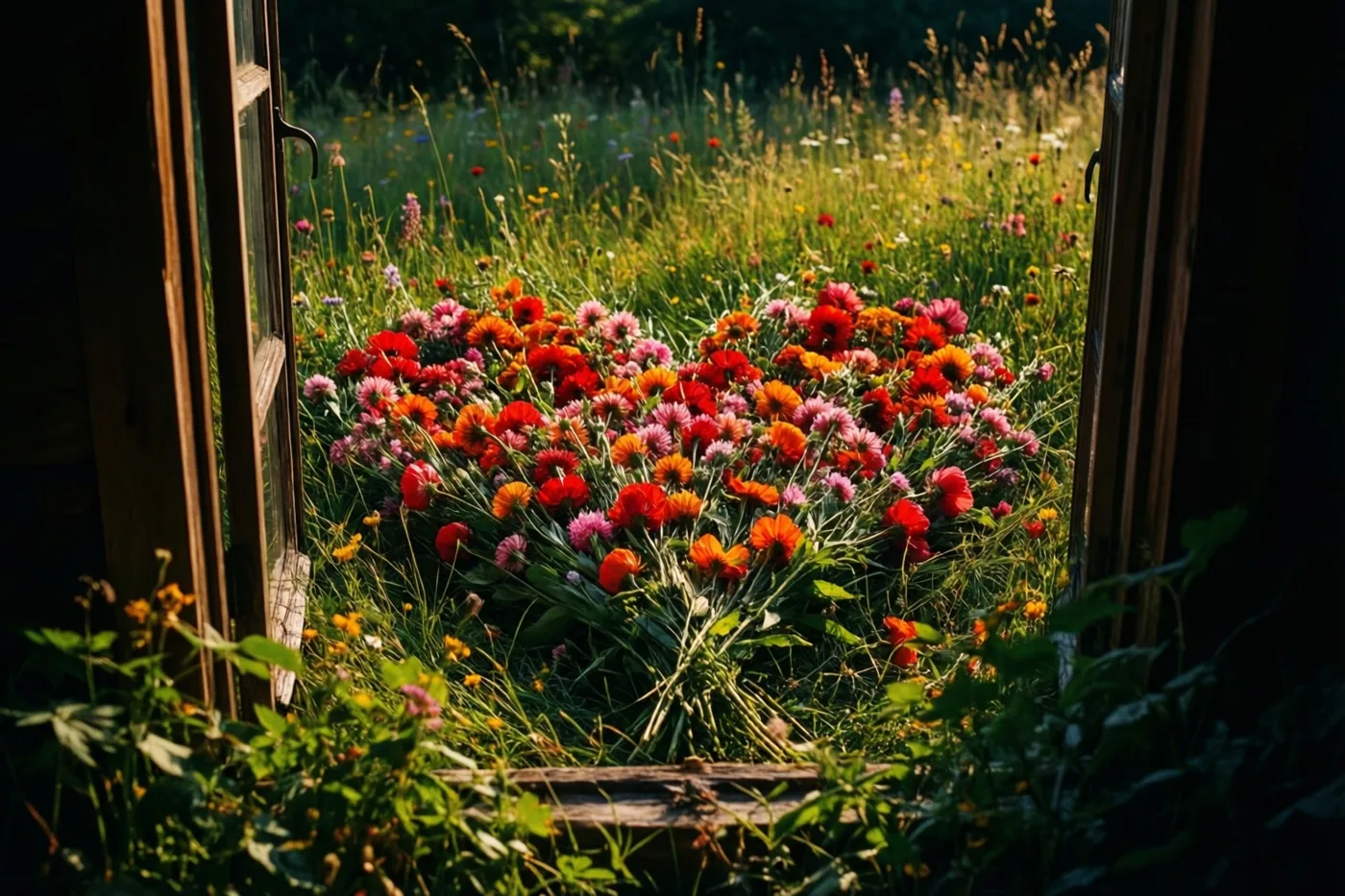 Door een open houten raam is een hart van rode, oranje en roze veldbloemen te zien in het gras van een zonnige weide.