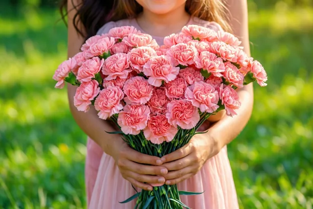 Een kind en een volwassene houden een groot hartvormig boeket roze anjers vast in een zonnig groen veld.