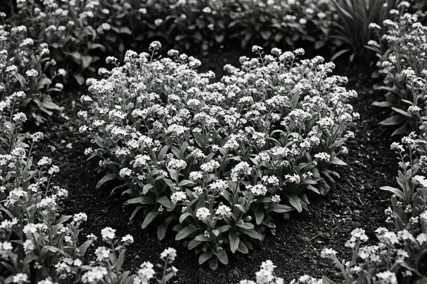 Een zwart-witfoto toont een dichtbegroeid hart van vergeet-mij-nietjes in een tuinperk, omringd door donkere aarde en andere planten.