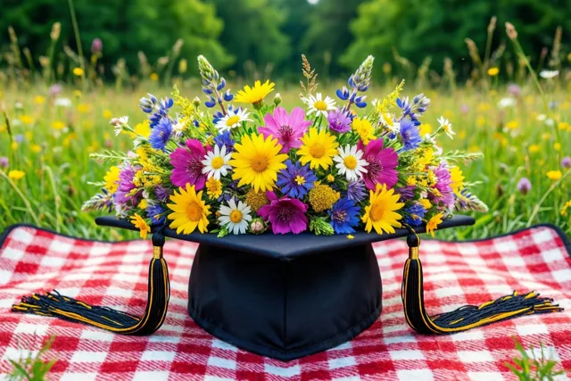 Een afstudeerhoed gevuld met wilde bloemen in geel, paars en blauw staat op een rood-wit geruite picknickdeken in een zonnige weide.
