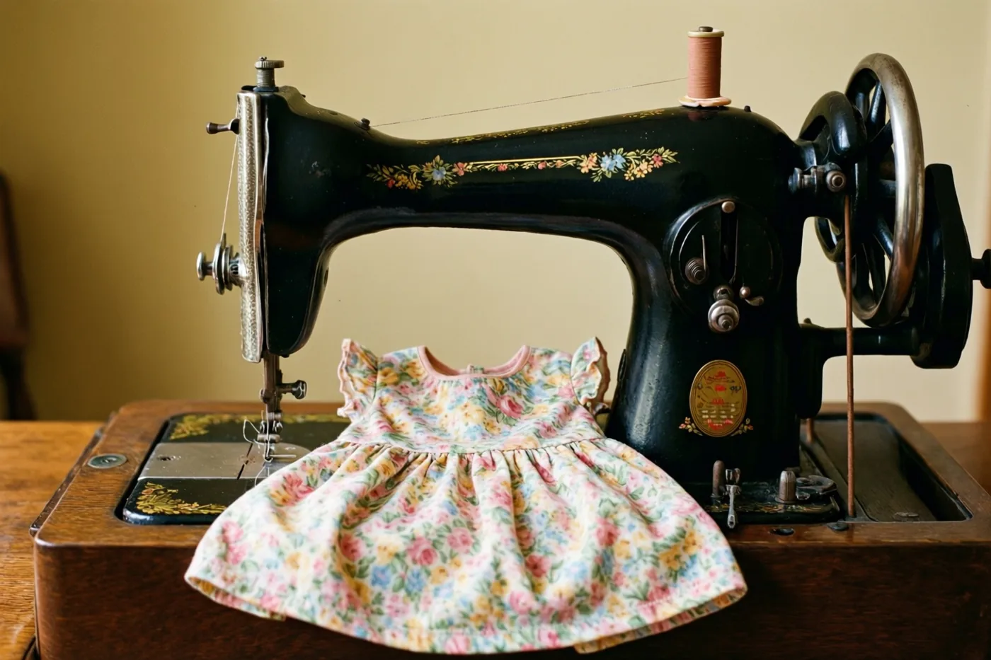 Een klein babyjurkje met pastelbloemen hangt over de voorkant van een oude zwarte naaimachine met bloemversiering op een houten voet, tegen een beige muur.