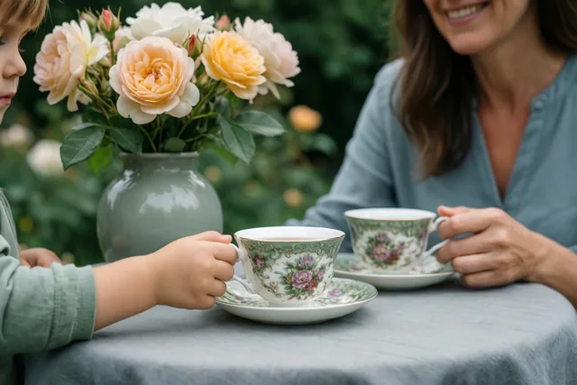 Een kind en een vrouw zitten in een tuin aan een tafel met een vaas rozen en houden elk een theekop met bloemenmotief vast.