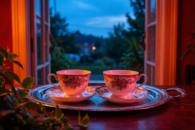 Twee porseleinen kopjes met bloemenmotieven staan op bijpassende schoteltjes op een zilveren dienblad bij een raam, met warm licht binnen en blauwe schemering buiten.