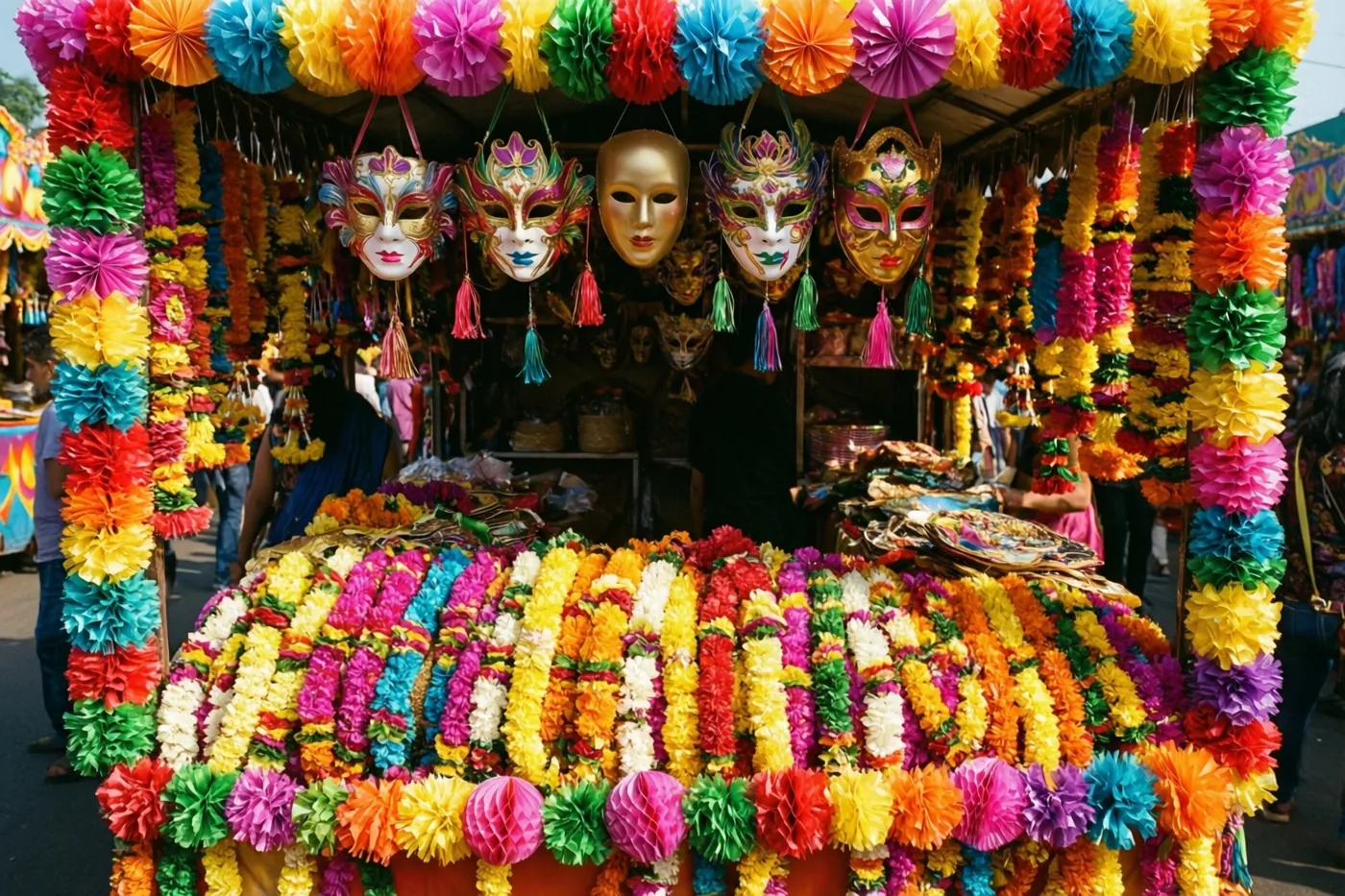 Een carnavalskraam met papieren bloemenslingers en hangende sierlijke maskers staat buiten in helder zonlicht.