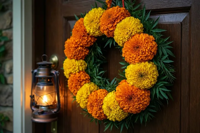 Een bloemenkrans verwelkomt Diwali