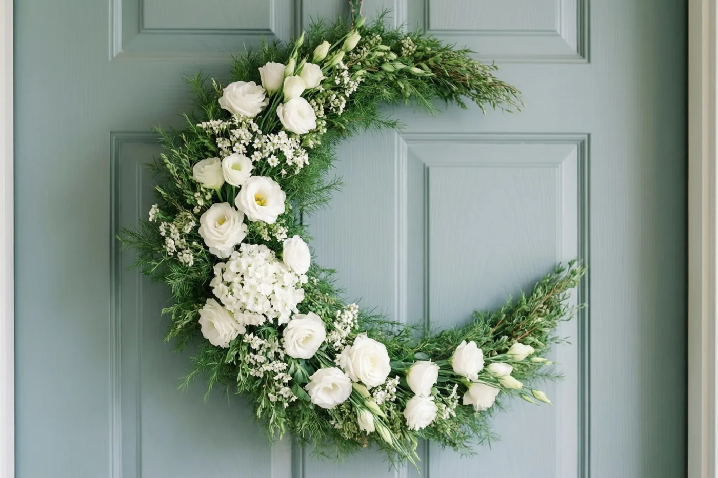 Een krans van witte bloemen en groen in de vorm van een maansikkel hangt aan een lichtblauwe voordeur.