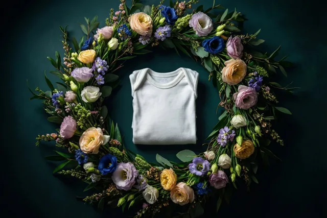 Een opgevouwen witte babybody ligt in een ronde krans van pastelkleurige lentebloemen en groen tegen een donkerblauwgroene achtergrond.