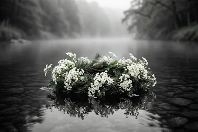 Een kleine witte bloemenkrans drijft op een kalme rivier met een spiegelend wateroppervlak, onder laaghangende mist in een bosrijke omgeving.